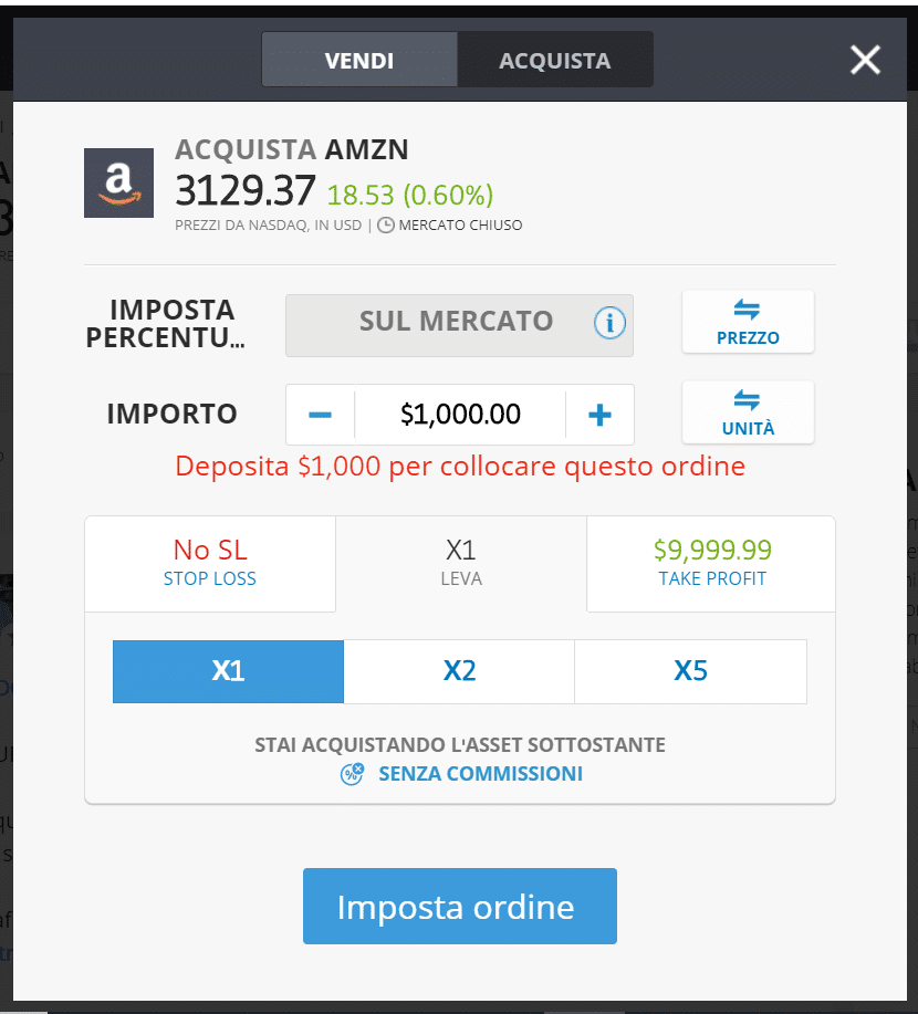 Comprare azioni in modalità reale - esempio con azioni Amazon su eToro