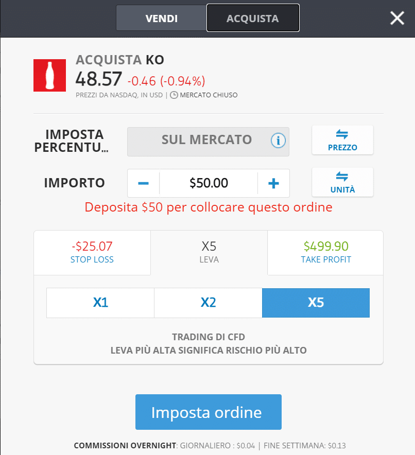 Acquisto azioni cfd con eToro - esempio con azioni Coca Cola